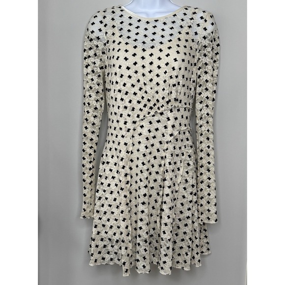 Free People Dresses & Skirts - Free People Sheer Delight Lace Boho Minidress Womens Medium Off White Velvet Bow